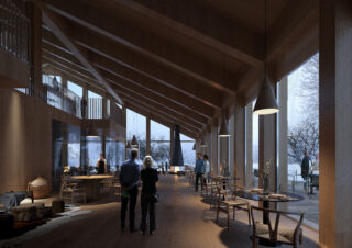 Geräumiges, modernes Restaurant mit hohen Holzdecken, großen Fenstern und vielen Menschen, die drinnen und draußen speisen und spazieren gehen.