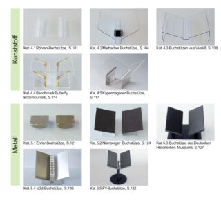 Es wird ein Raster mit acht verschiedenen Buchständern angezeigt, von denen vier aus durchsichtigem Kunststoff (obere Reihe) und vier aus Metall (untere Reihe) bestehen. Jeder Ständer ist mit Kategorie, Titel und Seitenzahl beschriftet.