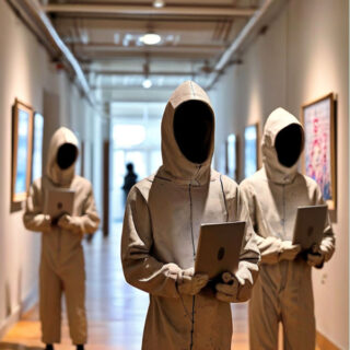 Drei Gestalten in gesichtslosen Anzügen mit Kapuzen halten Tablets in der Hand, während sie in einem gut beleuchteten Flur stehen, der mit gerahmten Kunstwerken gesäumt ist.