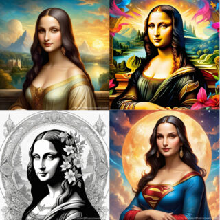 Ein Raster aus vier Bildern, die Variationen der Mona Lisa zeigen, darunter eine klassische, eine farbenfrohe, eine schwarz-weiße Version mit Blumen und eine Version als Superwoman mit Vollmondhintergrund.