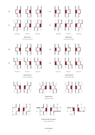 Raster mit architektonischen Grundrissen für verschiedene Maisonette- und Geschosswohnungstypen, mit unterschiedlichen Grundrissen in deutscher Sprache beschriftet, Räume rot hervorgehoben.