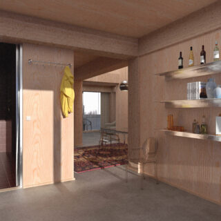 Ein minimalistischer Raum mit hellen Holzwänden, einem Glasstuhl, Metallregalen mit Flaschen, einer gelben Jacke an einem Wandhaken und einem Blick in einen anderen Raum mit einem Teppich und großen Fenstern.