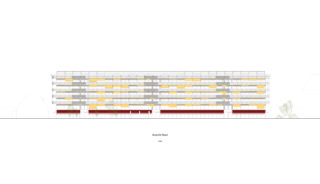 Aufrisszeichnung eines modernen, mehrstöckigen Gebäudes mit horizontalen Fensterbändern und gelben Akzenten, Eingänge im Erdgeschoss, beschriftet mit „Ansicht Nord“.