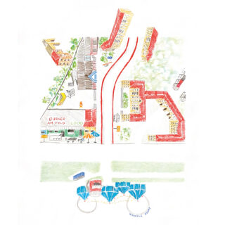 Eine handgezeichnete Karte zeigt Gebäude, Straßen, Grünflächen, einen Burgerstand, geparkte Autos und unten zwei große blaue Fahrräder.