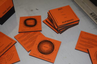 Auf einer grauen Fläche liegen Stapel und verstreute orangefarbene Karten mit deutschen Wörtern und kreisförmigen Diagrammen. Einige Karten tragen die Aufschriften „ZEIT“, „AUFWAND“, „FAN-SEIN“ und „ENGAGEMENT“.