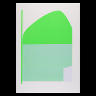 Abstraktes Kunstwerk mit überlappenden geometrischen Formen in hellem Grün und blassem Mint auf weißem Hintergrund, mit einer vertikalen grünen Linie auf der linken Seite.