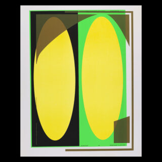 Abstraktes Kunstwerk mit zwei großen vertikalen gelben Ovalen auf einem schwarz-grünen Hintergrund, mit überlappenden geometrischen Formen in Braun und Grün, eingefasst von einem weißen Rahmen.