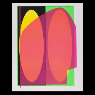 Abstraktes Kunstwerk mit überlappenden durchscheinenden Ovalen in Gelb und Rosa auf einem schwarz-grünen Hintergrund mit weißem Rand.