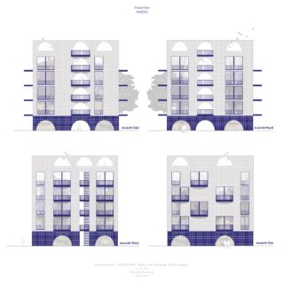 Architektonische Ansichten eines modernen vierstöckigen Gebäudes mit blau gefliestem Erdgeschoss, Bogenfenstern, Balkonen und Bäumen im Hintergrund; dargestellt aus der Süd-, Nord-, West- und Ostansicht.