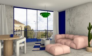 Ein modernes Wohnzimmer mit einem rosa Sofa, einem runden Esstisch aus Holz, einer grünen Hängelampe, einer Kaktuspflanze, großen Fenstern und einem Balkon mit Blick auf Bäume und ein Nachbargebäude.