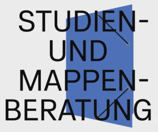 In großer schwarzer Schrift steht „Studien- und Mappenberatung“ über einem blauen Ordner auf hellem Hintergrund.
