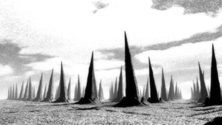 Eine karge Landschaft mit zahlreichen hohen, spitzen, schwarzen Spitzen, die unter einem bewölkten Himmel aus dem Boden ragen.