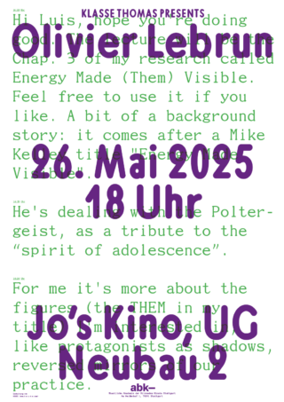 Veranstaltungsplakat mit Ankündigungstext für den Vortrag von Olivier Lebrun am 26. Mai 2025 um 18:00 Uhr im Ilo’s Kino UG, Neubau 2, organisiert von Klasse Thomas.