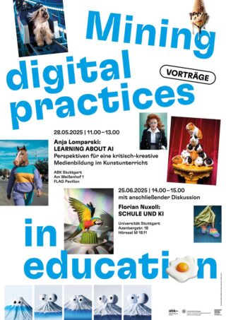 Poster zu den Vorträgen „Mining Digital Practices in Education“ mit Veranstaltungsdetails, Daten, Sprechern und Bildern von KI-generierten Charakteren und digitalen Kunstelementen.