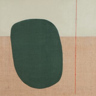 Abstraktes Gemälde mit einer großen dunkelgrünen ovalen Form auf beigem Hintergrund, horizontal geteilt, mit einer dünnen vertikalen roten Linie auf der rechten Seite.