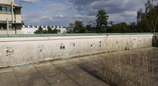 Eine niedrige Betonmauer mit Plakaten mit französischem Text, daneben eine überwucherte gepflasterte Fläche mit trockenem Gras und Bäumen im Hintergrund.