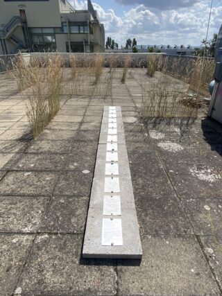 Eine Reihe von Gedenktafeln befindet sich auf einer rechteckigen Steinplatte auf einem verwitterten Dach, umgeben von überwucherndem Gras und Unkraut unter einem teilweise bewölkten Himmel.