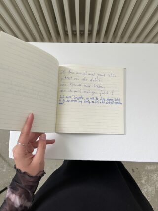 Eine Person hält ein Notizbuch mit handgeschriebenem deutschen Text in blauer und schwarzer Tinte aufgeschlagen und steht vor einer weißen Fläche und einem vertikalen Heizkörper.