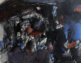 Abstraktes Gemälde mit kräftigen schwarzen Strichen, blauen und roten Flecken und dynamischen, chaotischen Formen auf dunklem Hintergrund.