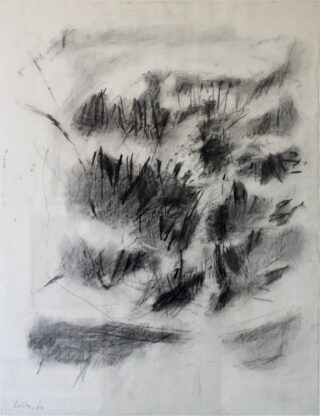 Abstrakte schwarze und graue Kohleskizze mit kühnen, gestischen Zeichen und Verwischungen auf weißem Hintergrund.