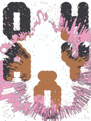 Verzerrte schwarze, braune und rosafarbene Buchstaben strahlen von einem weißen Zentrum aus und erzeugen einen abstrakten, comicartigen Explosionseffekt.