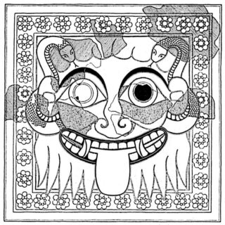 Schwarz-Weiß-Illustration eines mythologischen Gesichts mit großen Augen, Reißzähnen, einer herausgestreckten Zunge und Schlangen auf beiden Seiten, eingerahmt von einem Rahmen aus Blumenmustern.