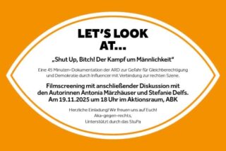 Orange-weißes Veranstaltungsplakat für eine Filmvorführung und Diskussion von 
