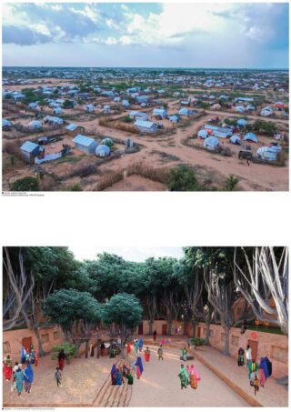 Das erste Bild zeigt eine Luftaufnahme eines ausgedehnten Flüchtlingslagers; das zweite Bild zeigt Menschen, die sich in einem offenen, schattigen Gemeinschaftsraum versammeln, der von Bäumen und Erdwällen umgeben ist.