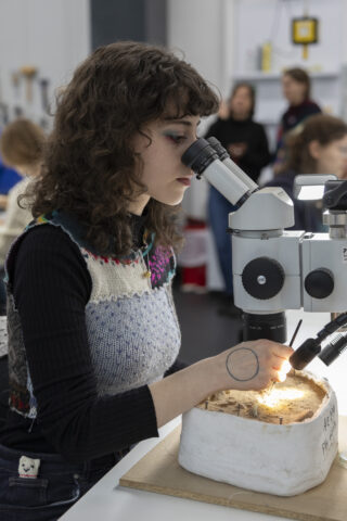 Eine Frau untersucht in einem Labor eine Probe unter dem Mikroskop, während andere Personen im Hintergrund arbeiten.