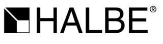 Schwarz-weißes HALBE-Logo mit fetten, geometrischen Buchstaben und einem stilisierten, kantigen Designelement auf der linken Seite.