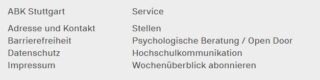 Eine Liste von Navigationslinks in deutscher Sprache, einschließlich Kontaktinformationen, Zugänglichkeit, Datenschutz, Impressum, Stellenausschreibungen, Beratung, Hochschulkommunikation und Newsletter-Abonnement.