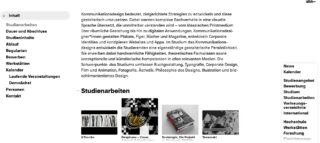 Screenshot einer Universitätswebseite mit Informationen über Kommunikationsdesign, einem Menü in der Seitenleiste und Miniaturansichten von vier Studentenprojekten am unteren Rand.