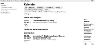 Screenshot einer Veranstaltungskalender-Webseite der Staatlichen Akademie der Bildenden Künste Stuttgart mit einer Auflistung der kommenden Veranstaltungen, Kategorien und Navigationsmöglichkeiten.