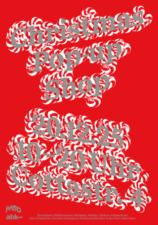 Plakat für einen Weihnachts-Pop-up-Shop mit stilisiertem Text auf rotem Hintergrund. Veranstaltungsdaten sind 10-20 Dezember in der Corneliusstr. 4. Weitere Details im Kleingedruckten am unteren Rand.