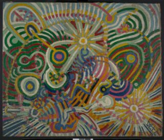 Abstraktes Gemälde mit bunten, konzentrischen und strahlenden Linien und Formen in Grün, Rot, Gelb, Rosa, Blau und Weiß, die eine dynamische, wirbelnde Komposition ergeben.