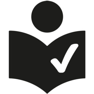 Symbol einer Person, die ein Buch liest, mit einem Häkchen auf der Buchseite, das die genehmigte oder verifizierte Lektüre symbolisiert.