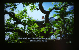 Eine Person sitzt in den Zweigen eines belaubten Baumes unter blauem Himmel, mit deutschen Untertiteln am unteren Bildrand.