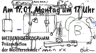 Schwarz-weißes, handgezeichnetes Plakat mit Koffern, Text und abstrakten Formen, das eine Präsentationsveranstaltung am 19. Januar um 17 Uhr in der Alten Aula der ABK bewirbt.