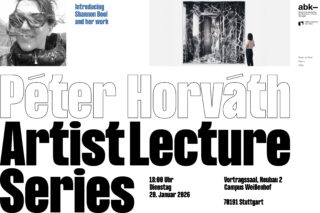 Plakat für die Péter Horváth Artist Lecture Series mit Arbeiten von Shannon Bool, mit Veranstaltungsdetails, Datum, Uhrzeit und Ort am Campus Weißenhof, Stuttgart.