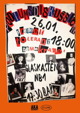 Plakat für eine Podiumsdiskussion am 26. Januar um 18:00 Uhr im Glaskasten NB1, mit ausgeschnittenen Buchstaben und Schwarz-Weiß-Porträts mit Angaben zur Veranstaltung und zur Bar.