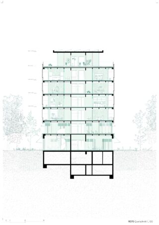 Architektonische Schnittzeichnung eines mehrstöckigen Gebäudes, die Innenräume, Treppenhäuser, Strukturelemente und unterirdische Ebenen mit minimalen Landschaftsdetails zeigt.