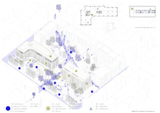 Axonometrischer Lageplan mit zwei Hauptgebäuden, umliegenden Straßen, Bäumen, Menschen und wichtigen Bereichen, die mit blauen Kreisen und nummerierten Etiketten markiert sind; rechts oben sind die Grundrisse eingefügt.
