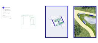 Eine Folge von vier Tafeln mit einer Projektkarte, einem Lageplan, einer Architekturzeichnung und einer 3D-Ansicht eines Landschaftsentwurfs mit Wegen, Bänken und Grünflächen.