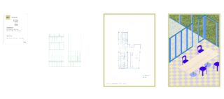 Eine Sequenz mit einer Materialkarte, einer Aufrisszeichnung, einem Grundriss und einer farbigen 3D-Darstellung eines Raums mit Tischen, Stühlen und großen Fenstern.