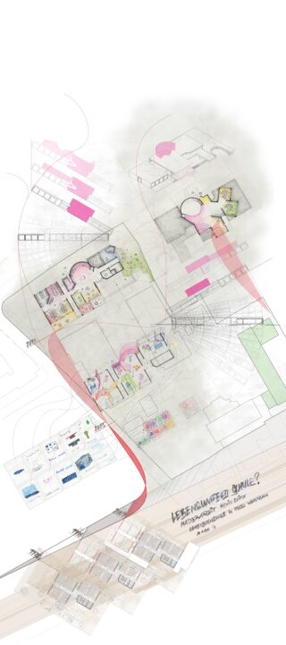 Architektonische Konzeptskizze mit Grundrissen, farbigen Zonen, Diagrammen und Textanmerkungen für ein geplantes Schulprojekt auf der Aschrotthöhe, Kassel, aus den Jahren 2014-2015.