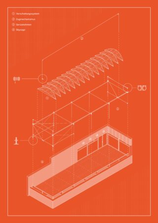 Isometrische Darstellung eines Gebäudes mit einer gewölbten Dachkonstruktion in Explosionsdarstellung, beschrifteten Bauteilen und einer nummerierten Legende auf orangem Hintergrund.