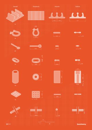 Technische Zeichnungen verschiedener mechanischer Teile mit Abmessungen, Anzahl der Teile und Ansichten sind in einem Raster auf orangefarbenem Hintergrund mit Rasterlinien angeordnet.