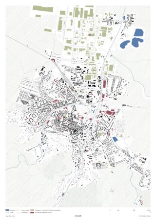 Detaillierte Karte von Jerash, Jordanien, mit Gebäuden, Straßen, Grünflächen, Gewässern und archäologischen Stätten mit farblich gekennzeichneten Zonen und einer Legende am unteren Rand.