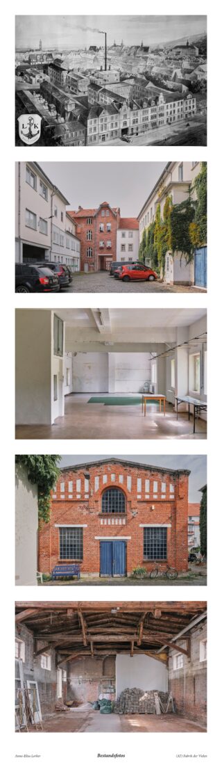 Eine Reihe von Fotos zeigt ein altes Industriegebäude: ein historisches Äußeres, eine aktuelle Straßenansicht, leere Innenräume, eine Backsteinfassade und einen baufälligen Dachboden.