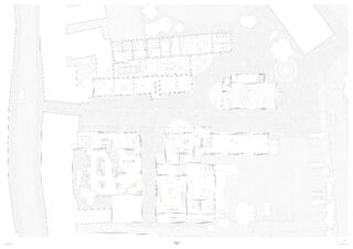 Architektonischer Grundriss mit mehreren Gebäuden, Innenräumen mit Möblierung, Außenbereichen und umgebenden Landschaftselementen.